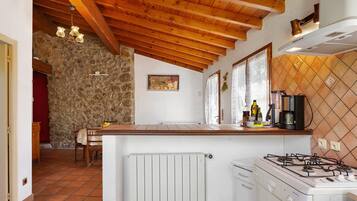 A kitchen with a gas stove, a refrigerator, and a stone wall.