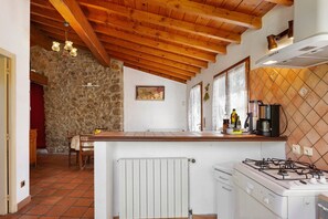 A kitchen with a gas stove, a refrigerator, and a stone wall. - Apartment 'Gîte Gaia' with Mountain View, Private Terrace and Wi-Fi (Bugarach)