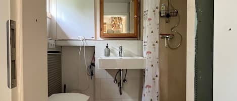Ein kleines Badezimmer mit Toilette, Waschbecken und Duschbereich.