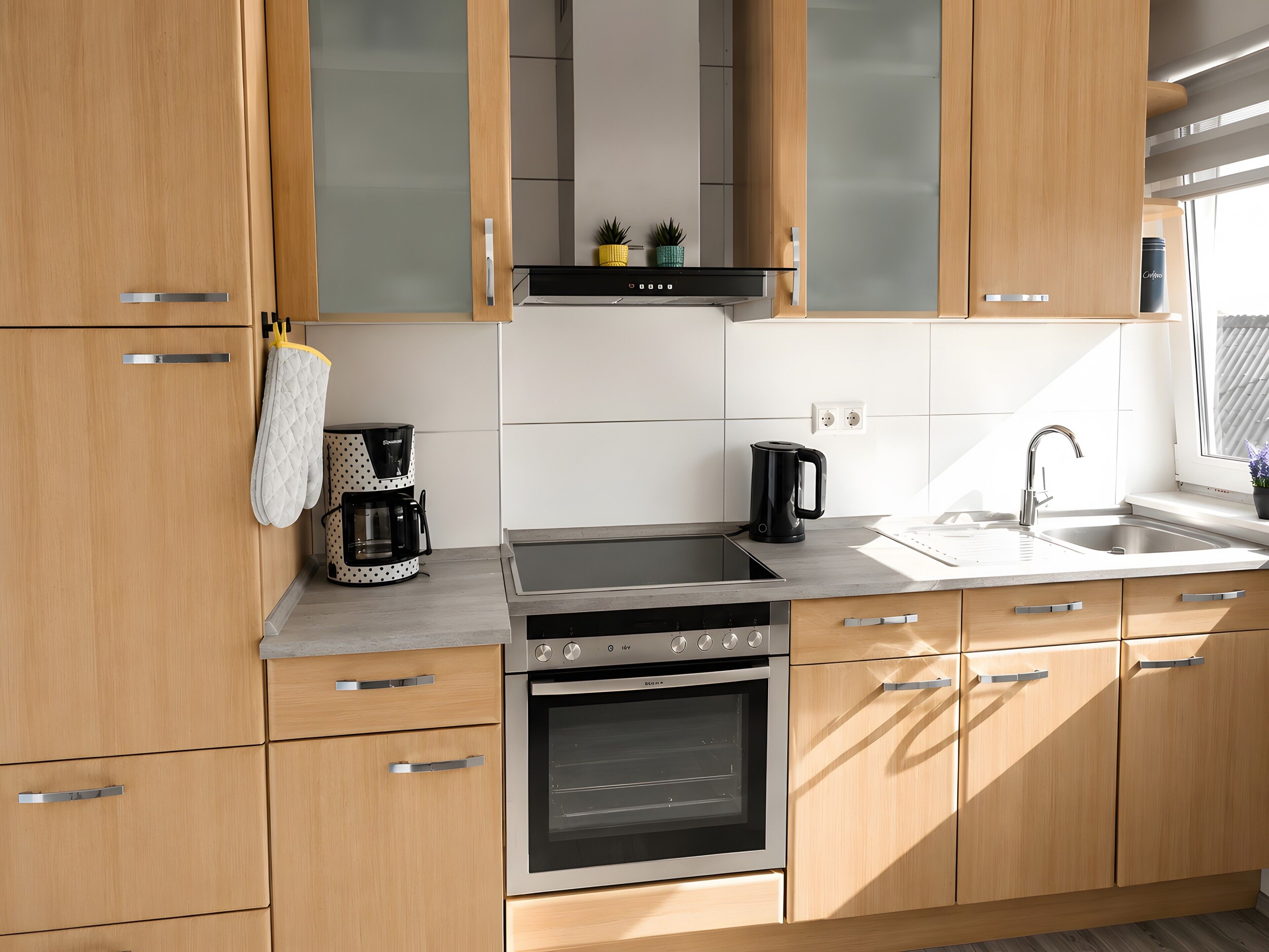Wasserkocher mit Kaffee-/Teezubehör, Kühlschrank, Herdplatte