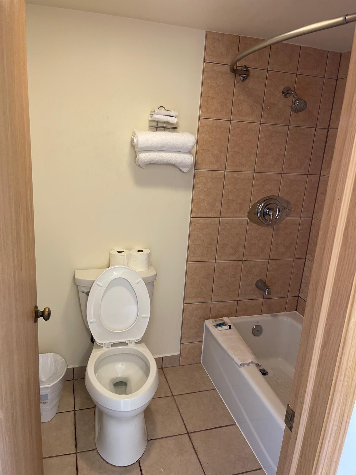 Combined shower/tub, hair dryer, towels, soap
