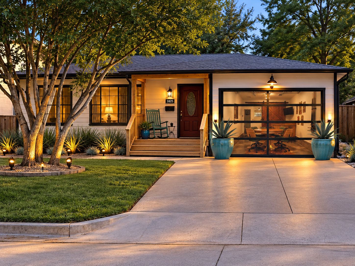 Une maison d’habitation avec un porche à l’avant, un garage et une pelouse bien entretenue.