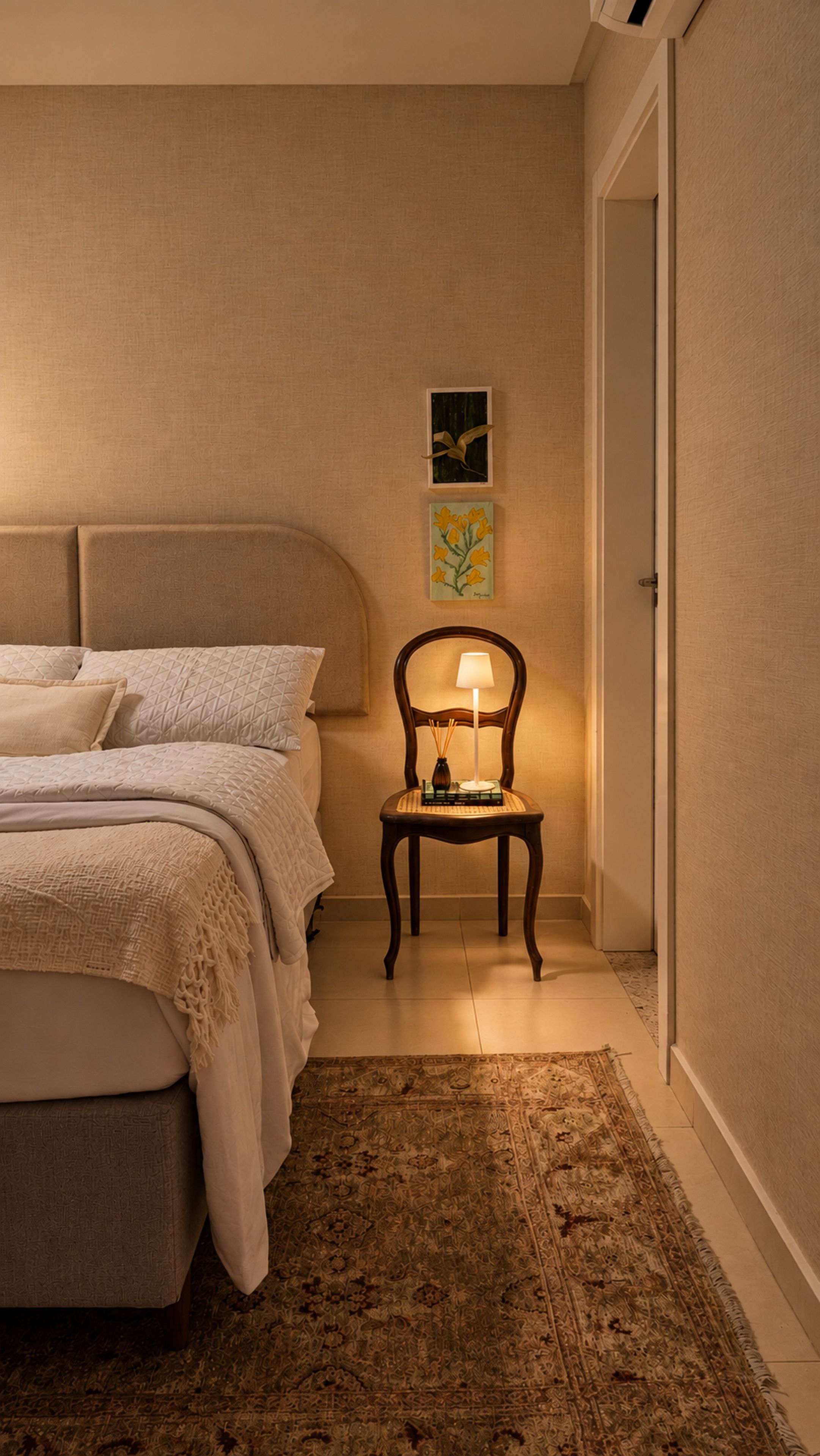 A bedroom with a bed, a chair with a lamp, a rug, and two wall-mounted pictures.