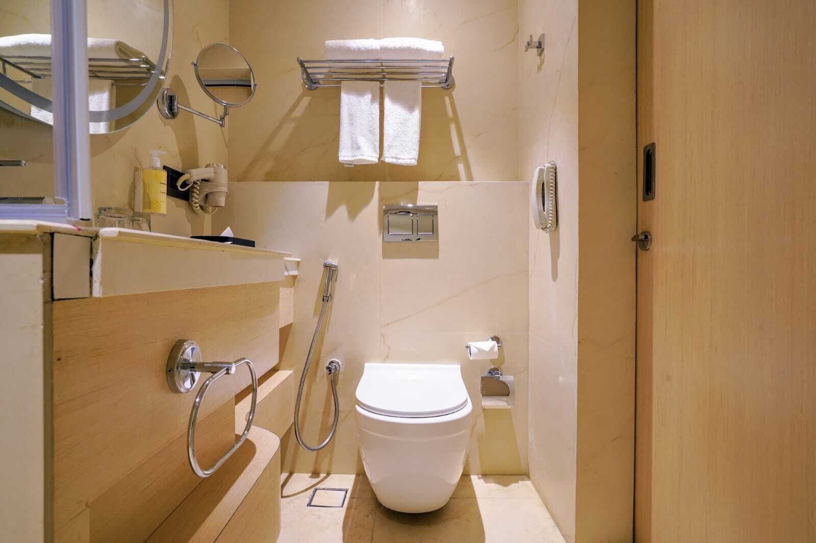 Un baño pequeño con inodoro, barandilla, toallero y espejo.