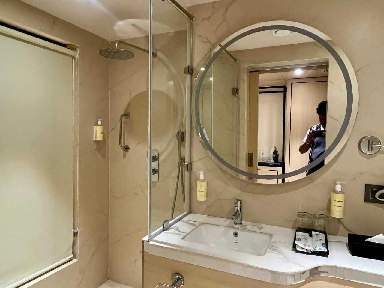 Shower, towels, soap, shampoo