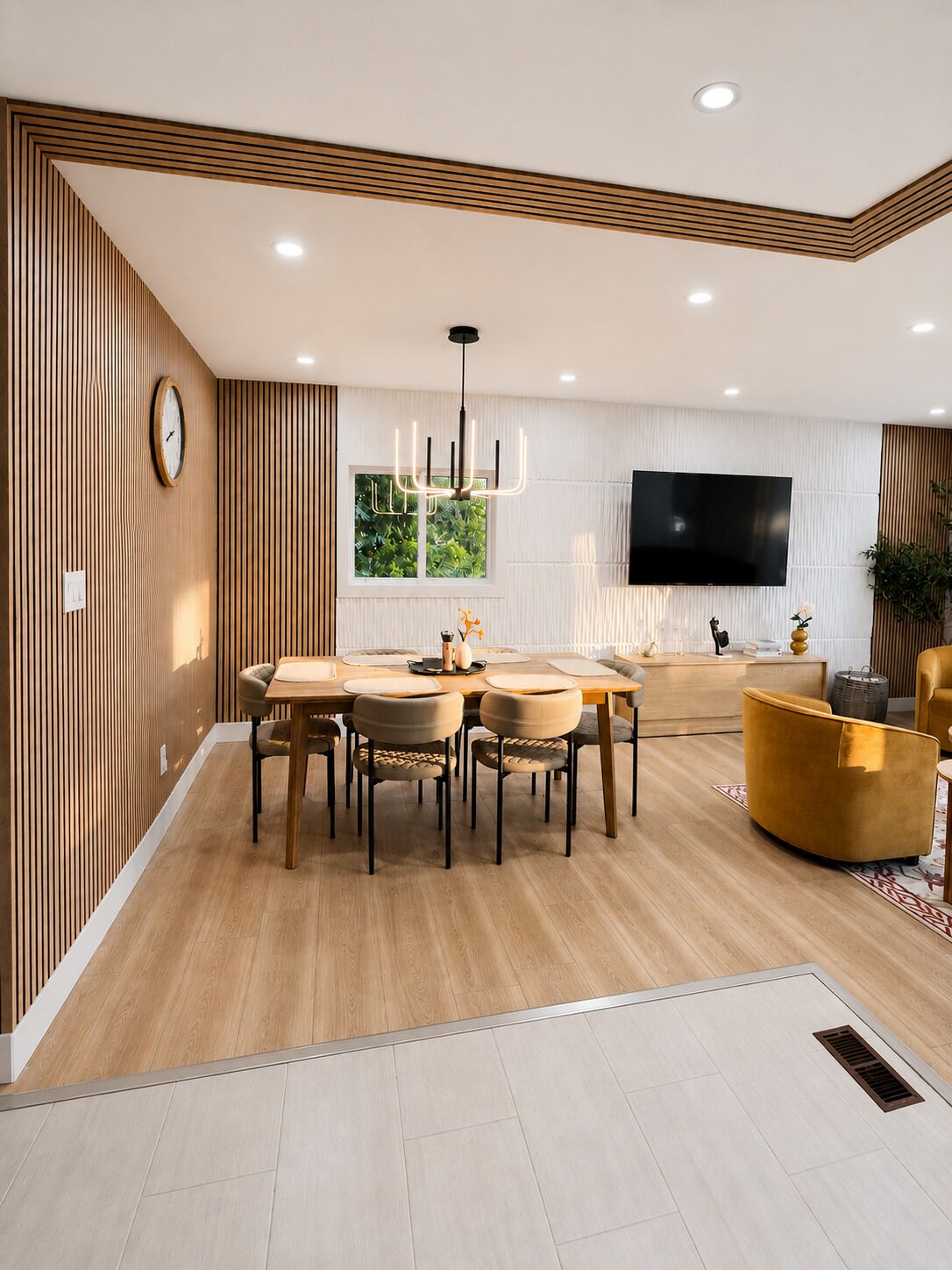 Una sala de estar moderna con comedor, paneles de madera, un televisor de pantalla plana y un sillón amarillo.