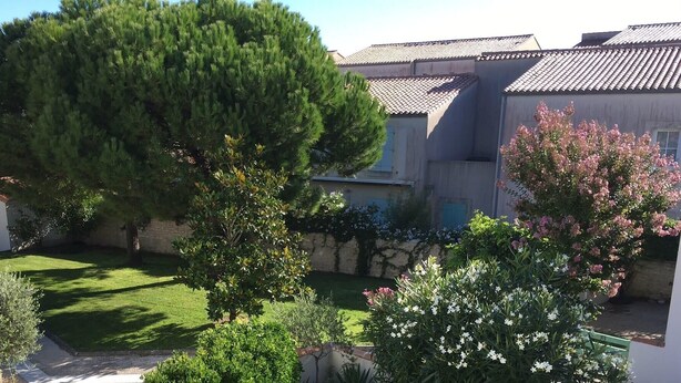 A residential area with a large tree, a small shed, and a building with a tiled roof. - Elegant apartment close to the port and the market (Saint-Martin-de-Ré)