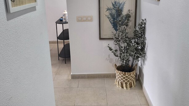 En hall med inramade botaniska tryck på väggen, ett litet bord med en vas och en växtkruka i makramé.