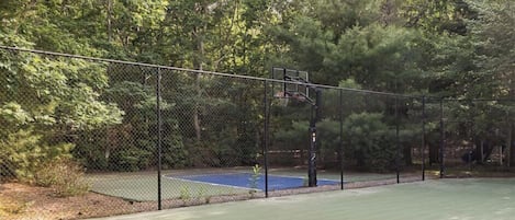 A tennis court enclosed by a chain-link fence, surrounded by trees.