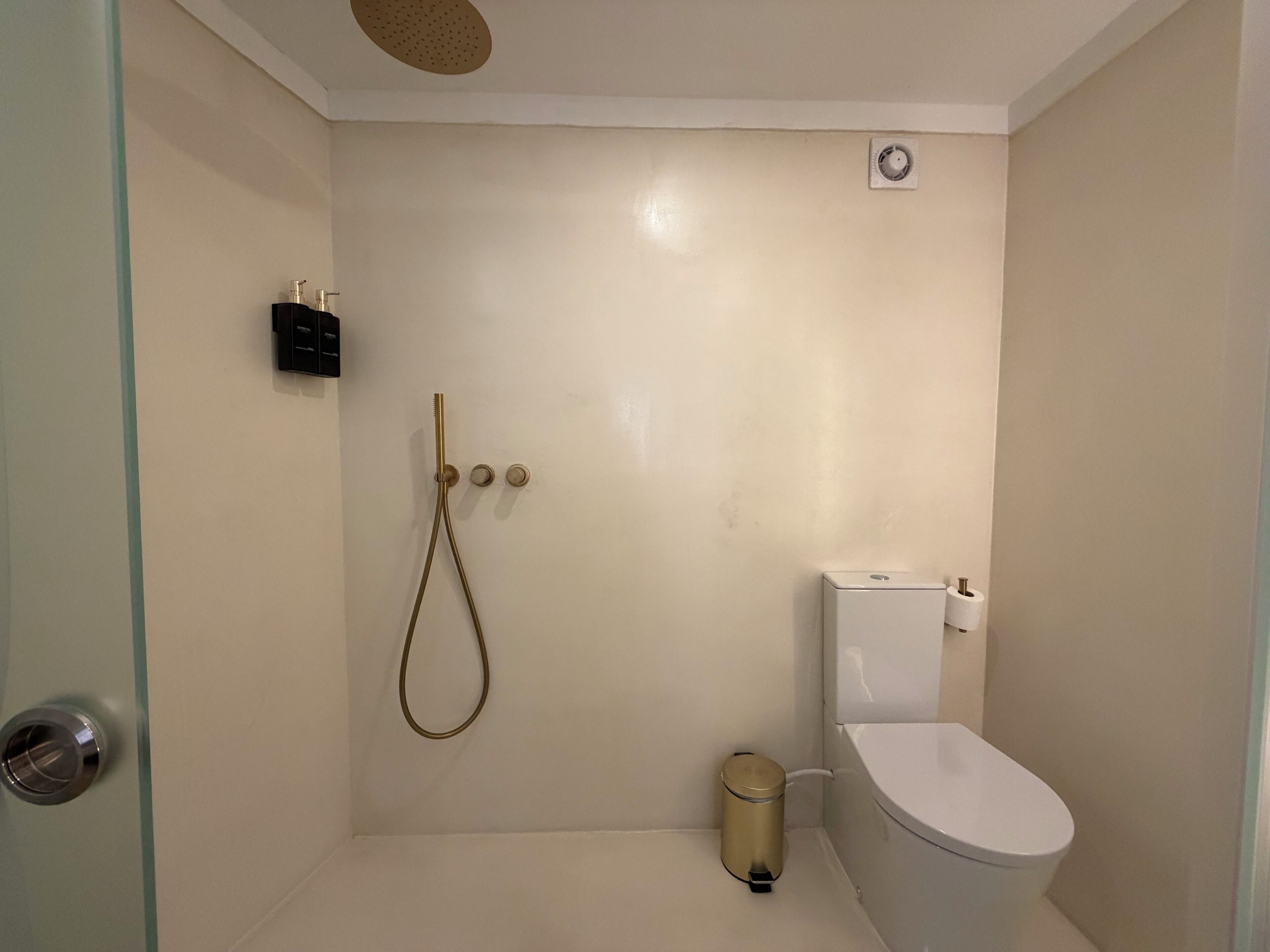 A small, modern bathroom with a toilet, a shower with a handheld showerhead, and a trash bin.