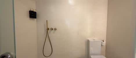 A small, modern bathroom with a toilet, a shower with a handheld showerhead, and a trash bin.