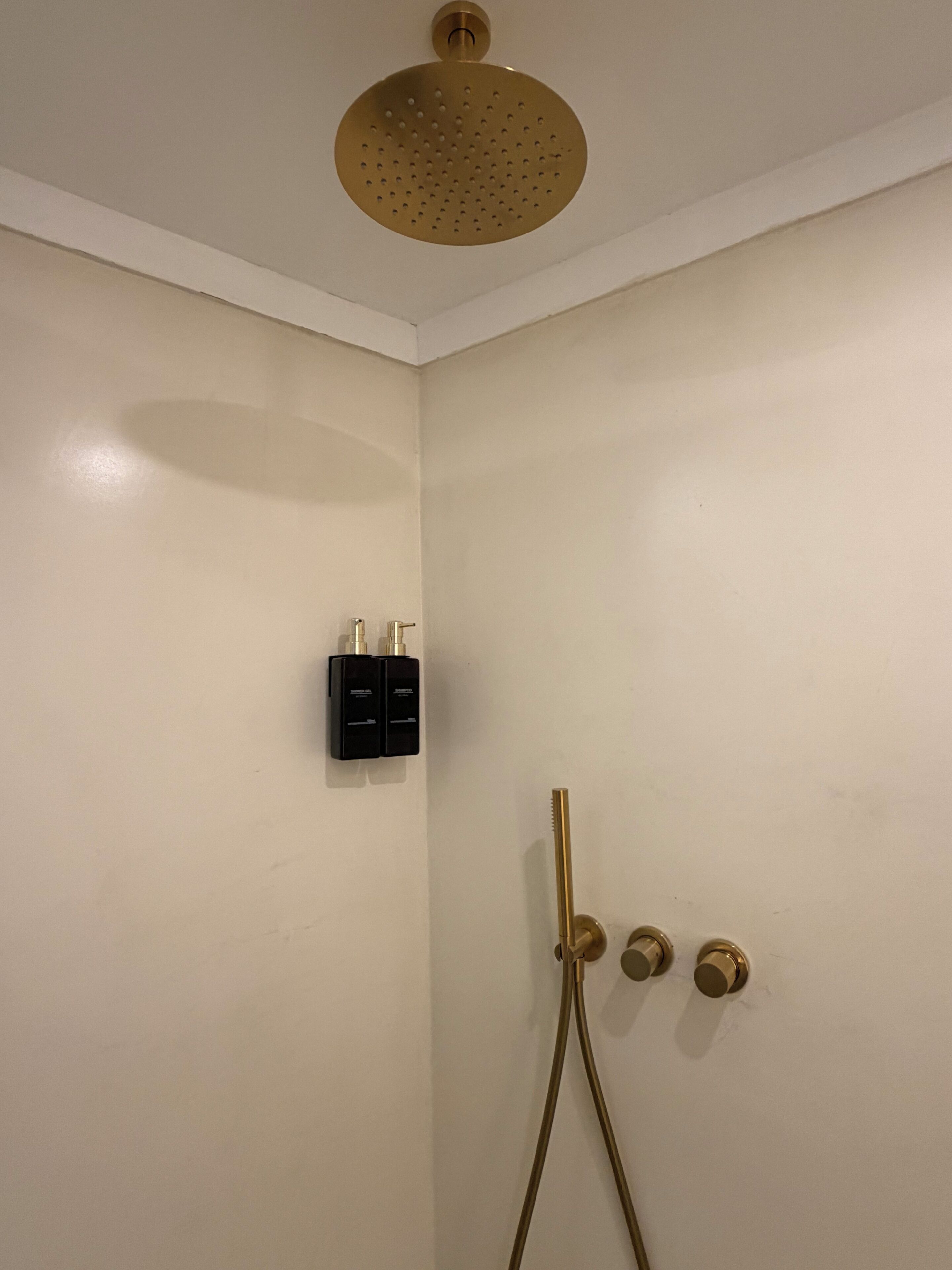 A shower area with a gold showerhead, a handheld showerhead, and two black soap dispensers on the wall.