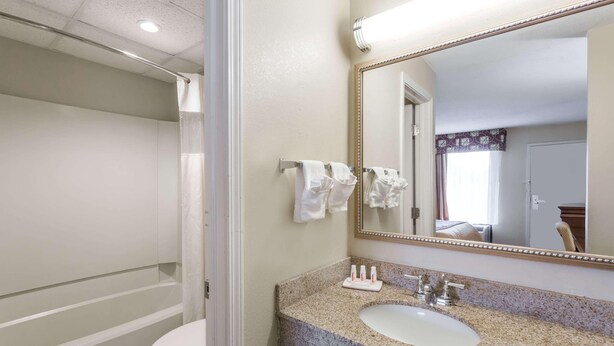 A bathroom with a toilet, sink, and mirror. - Days Inn by Wyndham Orangeburg (Orangeburg)