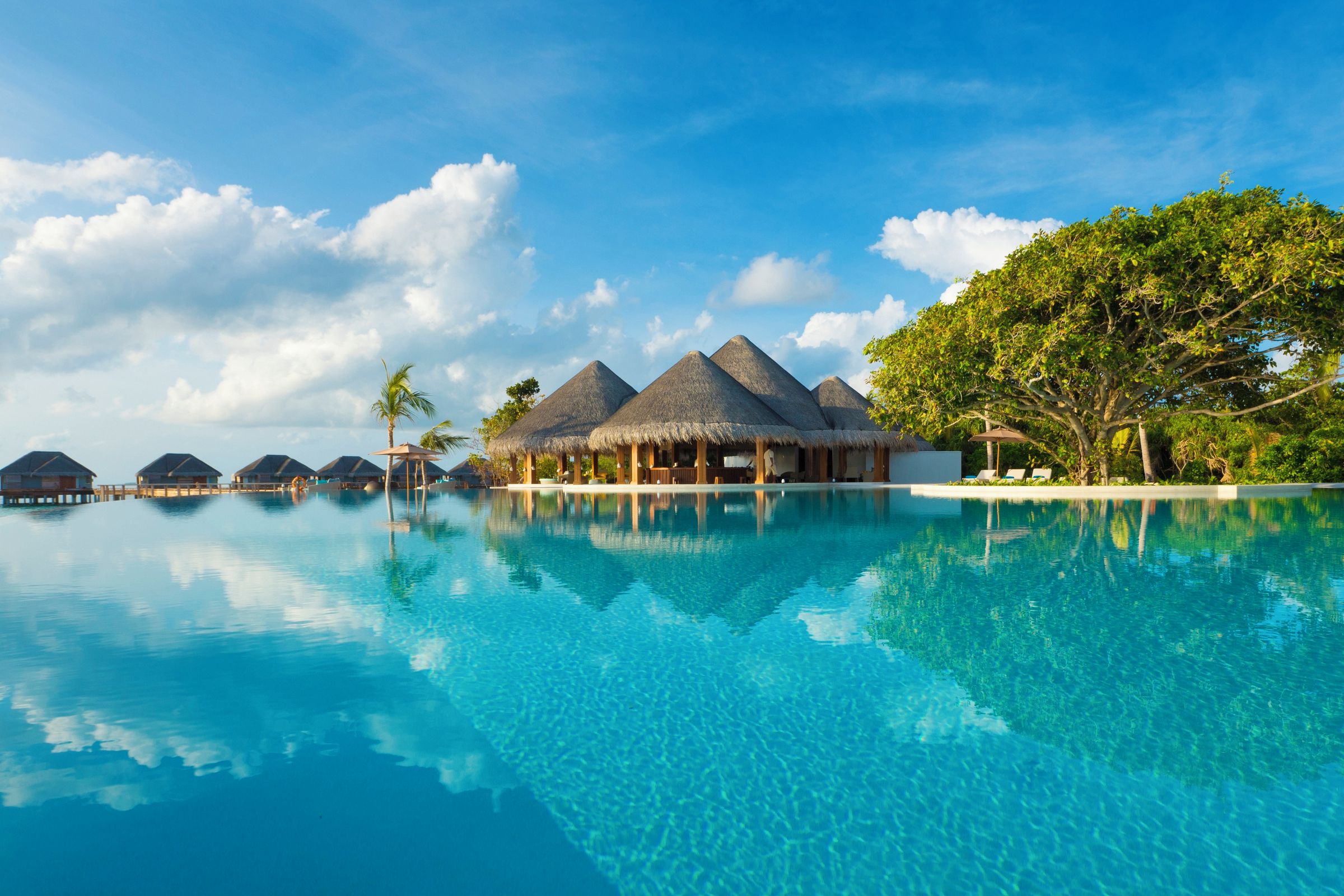 Une piscine à débordement donnant sur des bungalows sur pilotis, avec un ciel d’un bleu limpide.