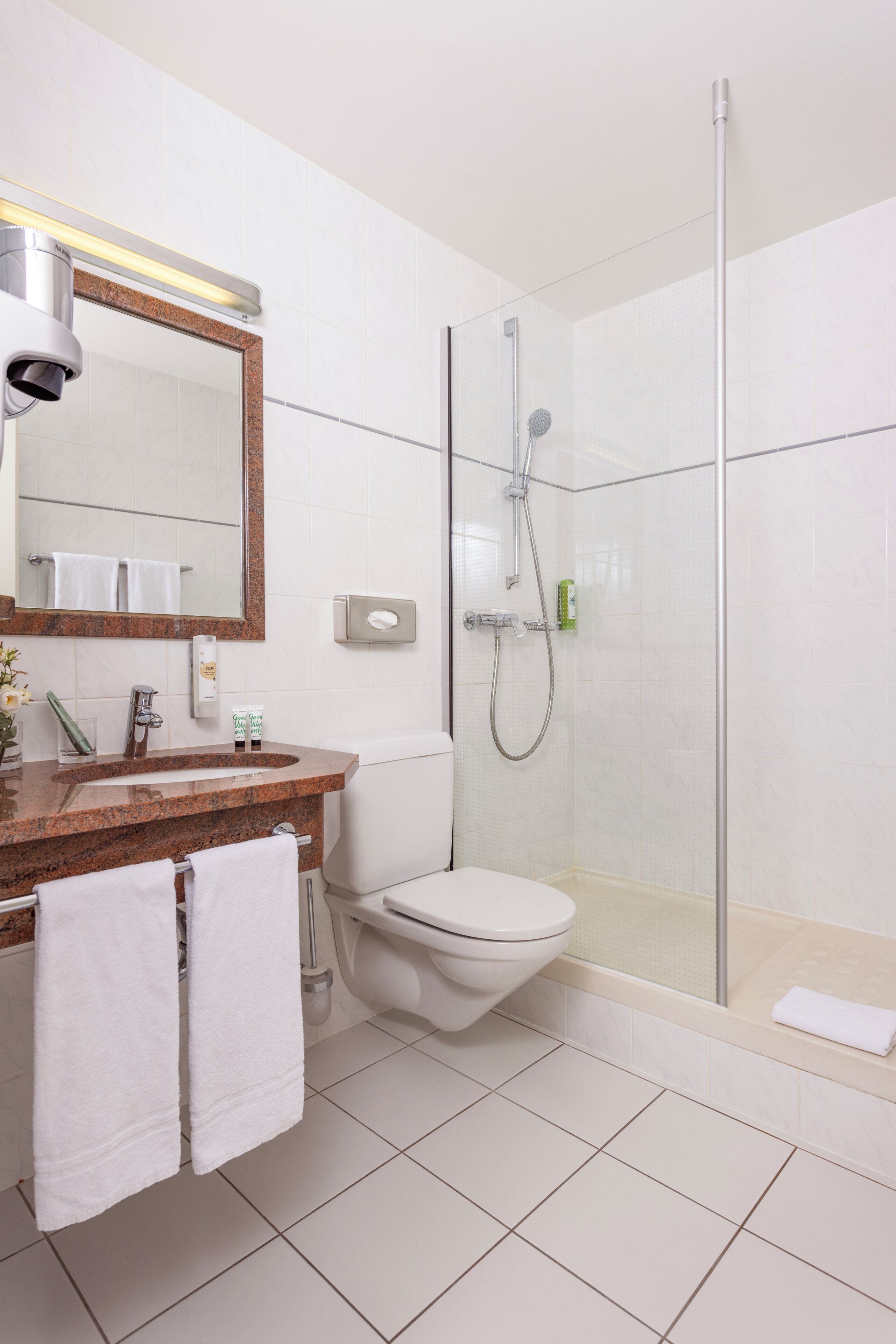Een moderne badkamer met een douche met glazen wand, een toilet en een wastafel met spiegel erboven.