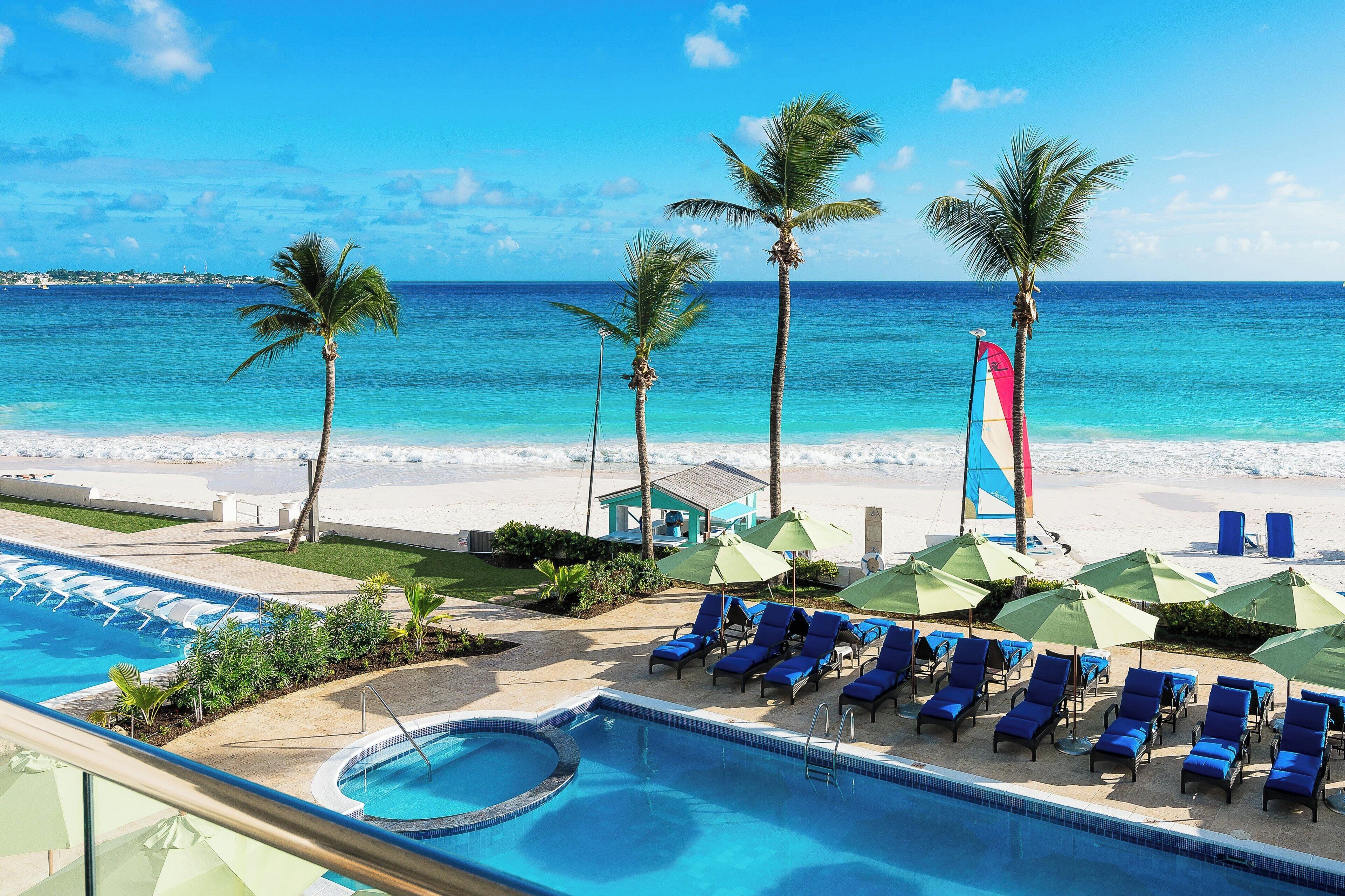 A pool area with lounge chairs and umbrellas, a beach with palm trees, and a clear view of the ocean.