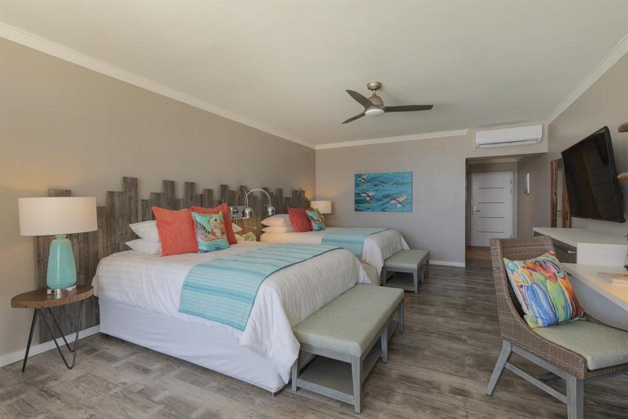 A bedroom with two beds, a ceiling fan, a TV, and a painting on the wall.