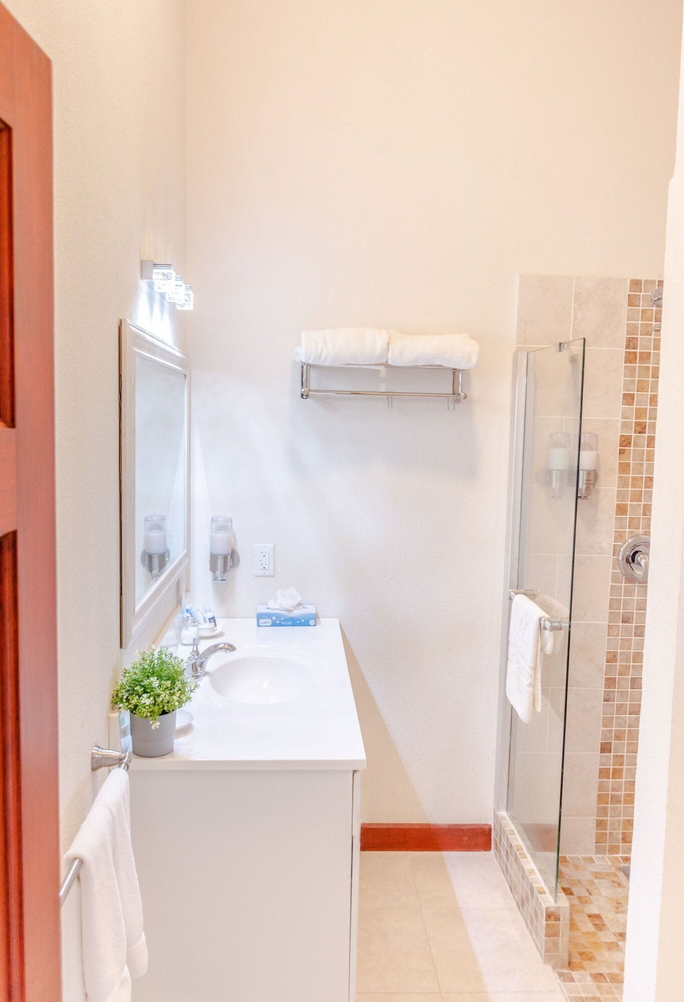 A bathroom with a white sink, a mirror, a glass shower enclosure, and a towel rack.