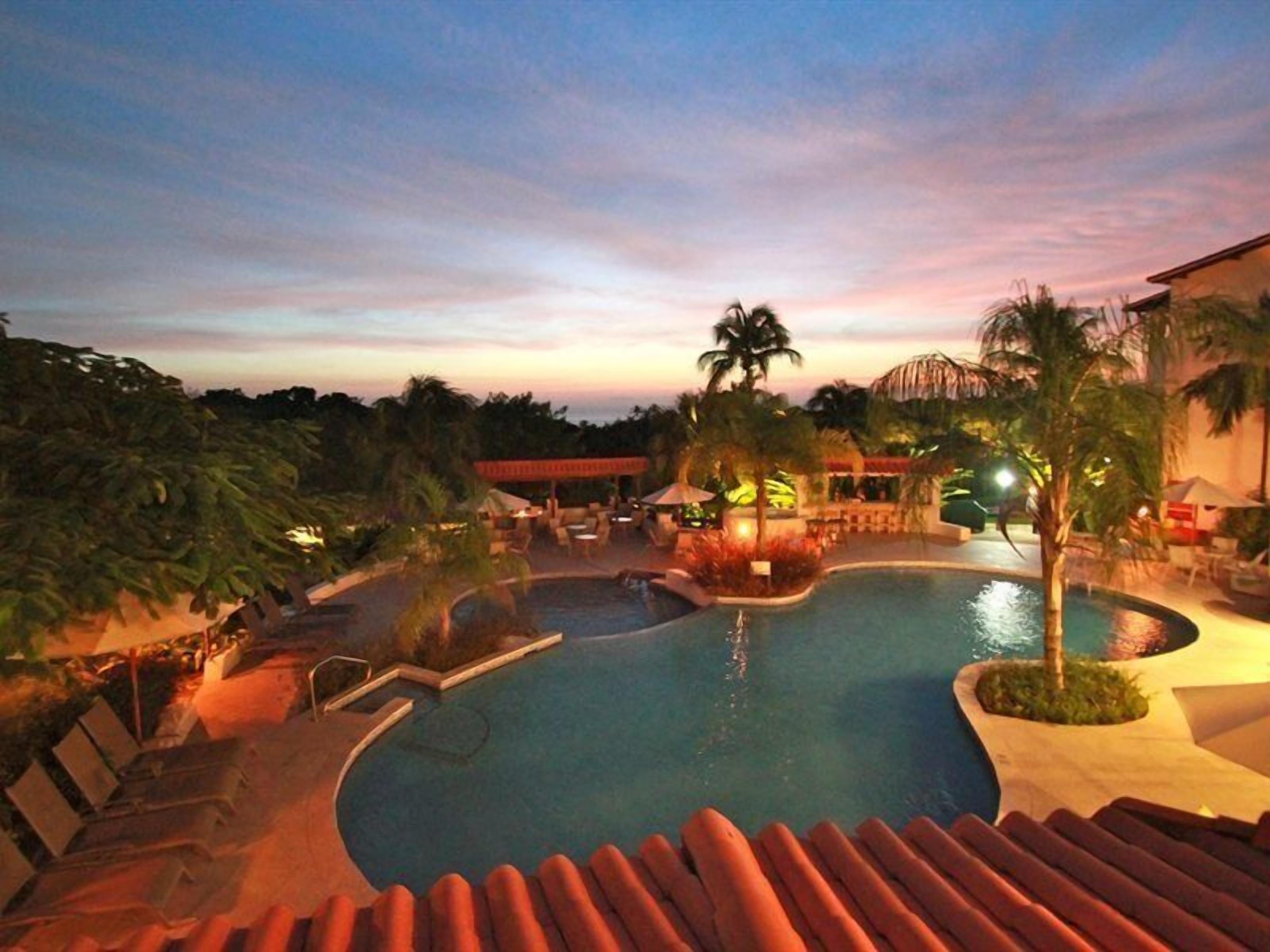 A swimming pool with a curved design, surrounded by palm trees and lounge chairs, indicating a resort setting.