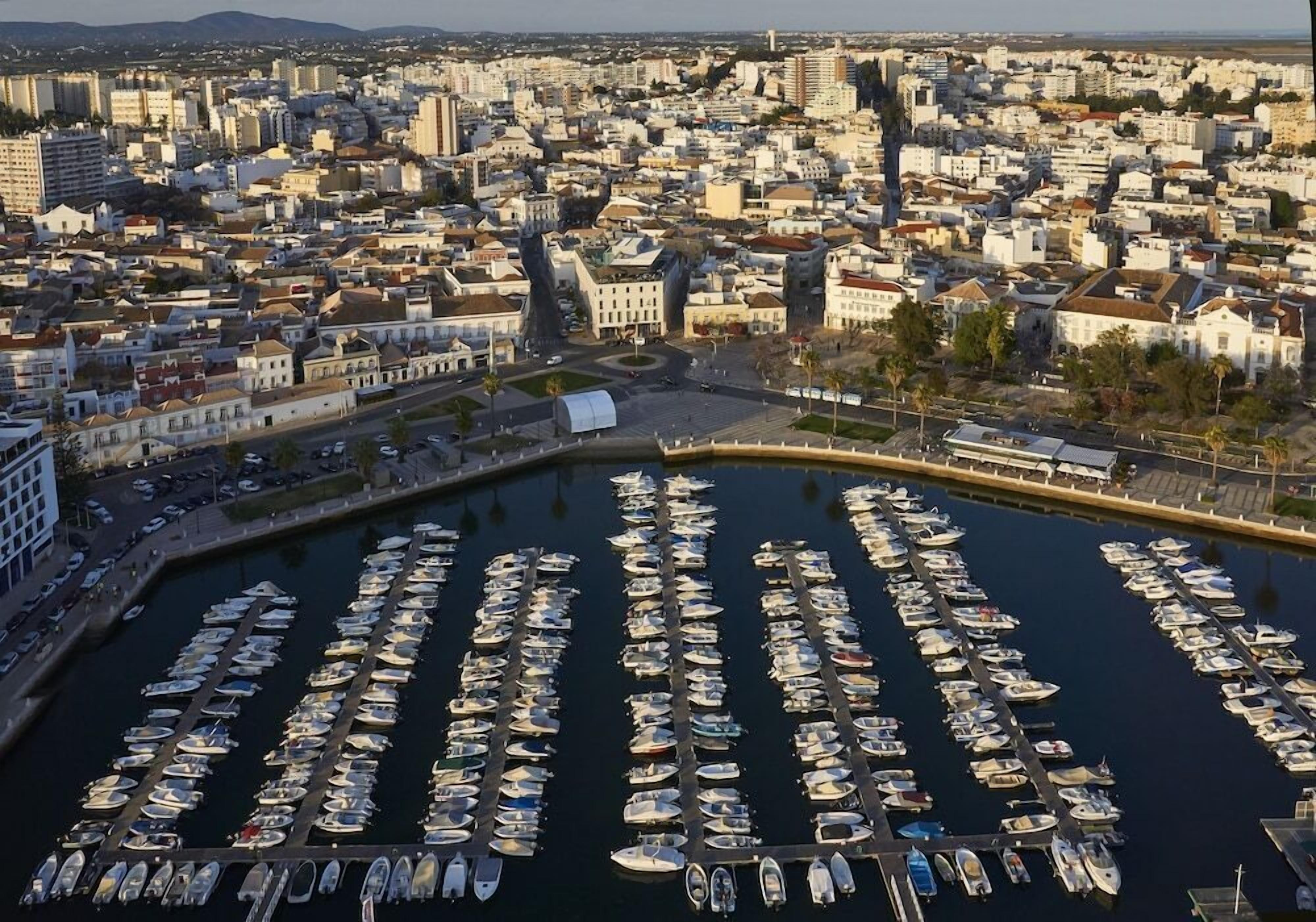An aerial view of a marina with numerous boats docked, surrounded by a cityscape with buildings and a clear sky.