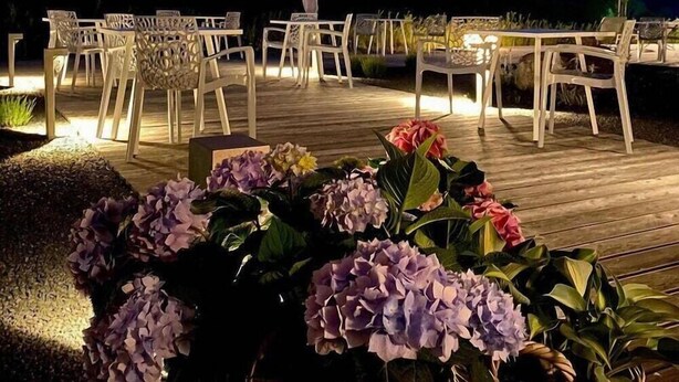 An outdoor seating area with chairs and tables, surrounded by potted plants and flowers. - The Bricks Hotel Marktredwitz (Marktredwitz)