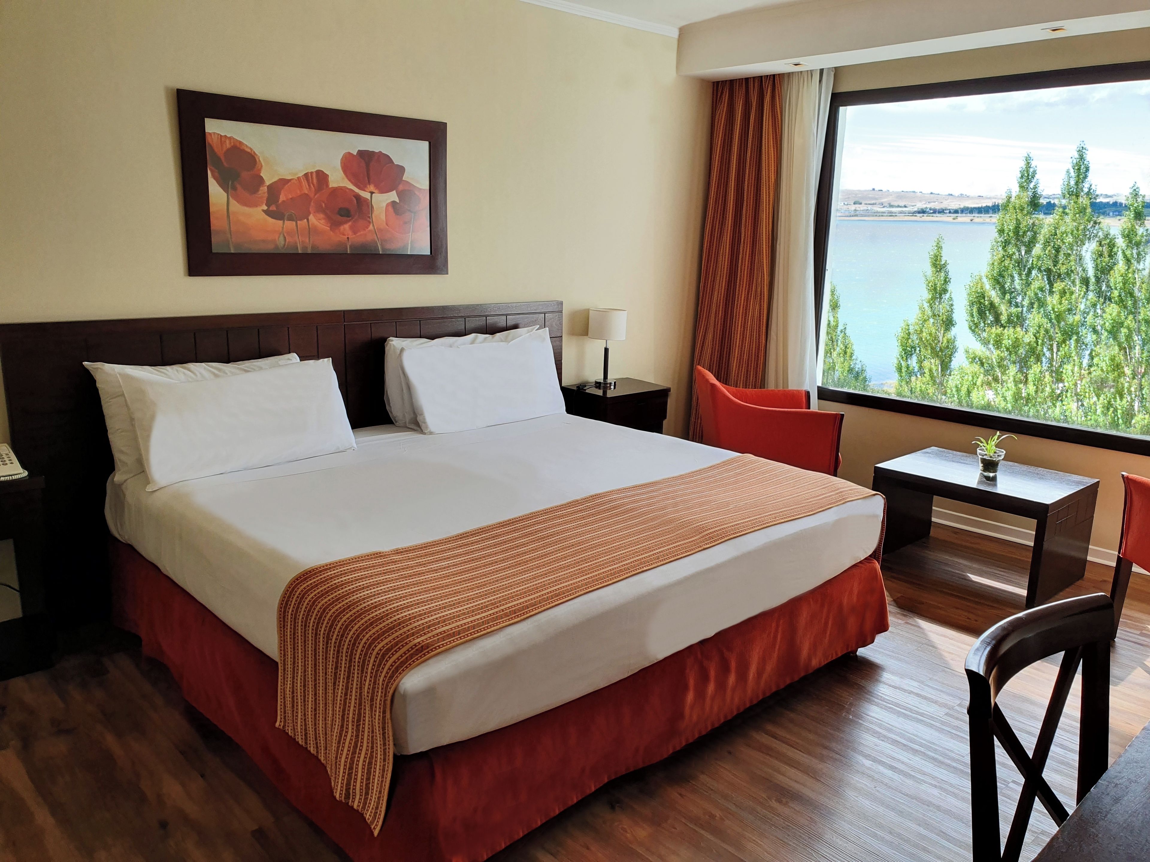 A hotel room with a large bed, a desk, a chair, and a window with a view of trees and water.