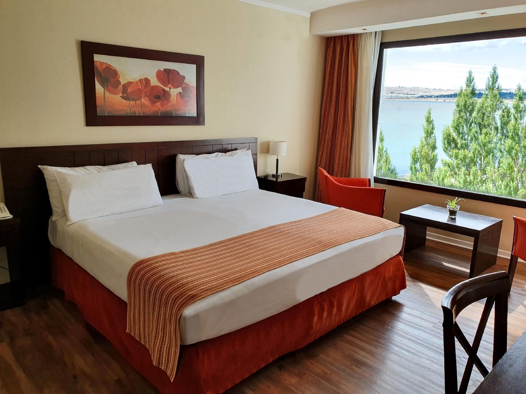 A hotel room with a large bed, a desk, a chair, a nightstand, a lamp, a window with a view of trees and water, and a painting on the wall.
