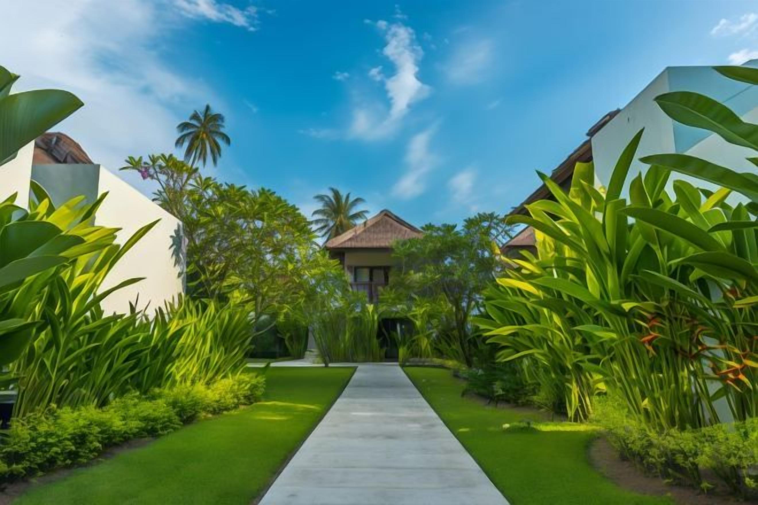 A pathway leading to a building surrounded by lush greenery and tropical plants.