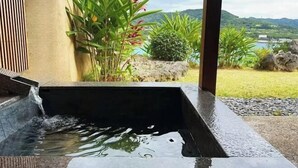 Un élément décoratif aquatique dans une cour intérieure, offrant une vue sur un paysage naturel.
