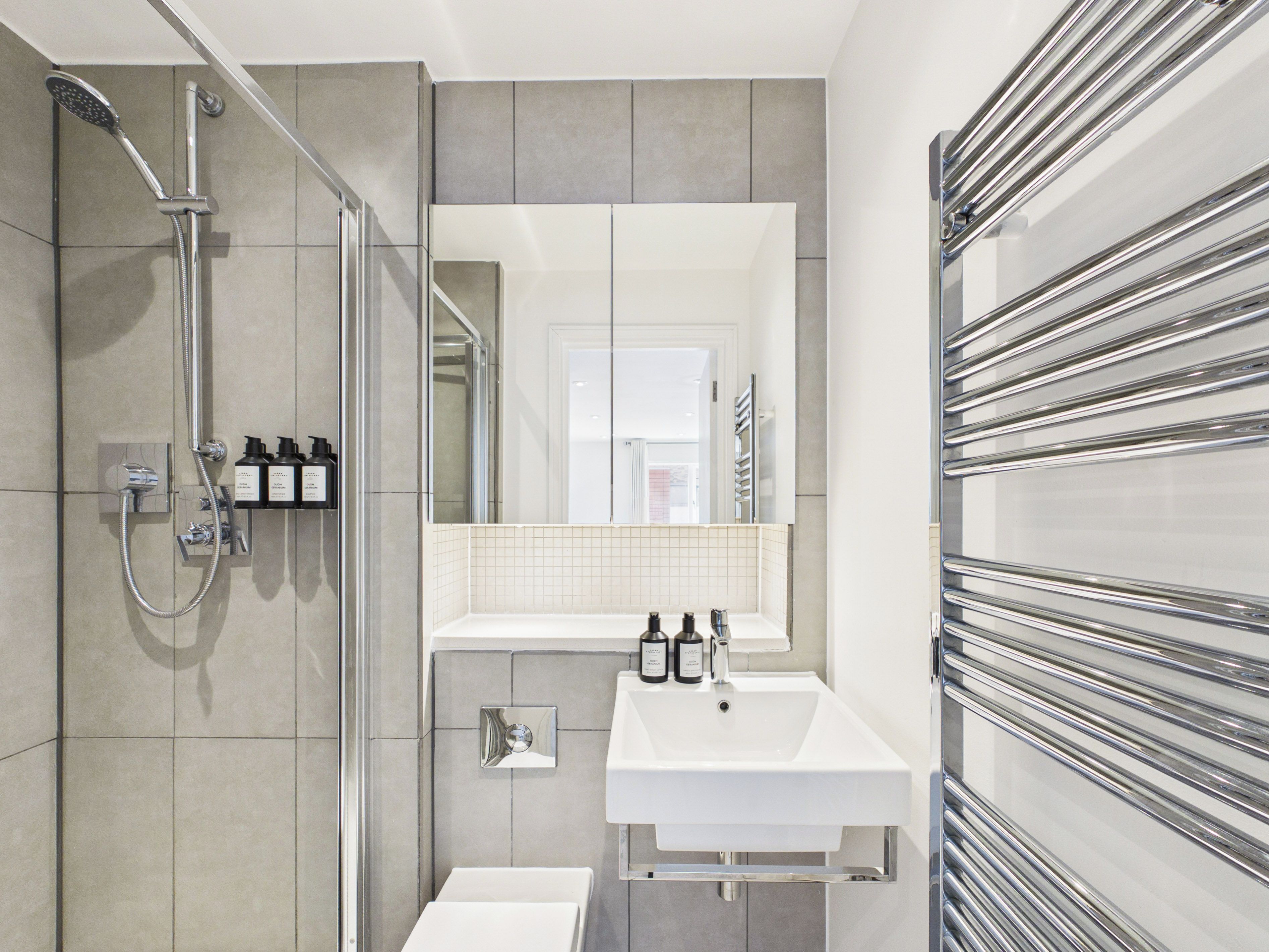 A modern bathroom with a glass-enclosed shower, a white sink, and a mirror above it.