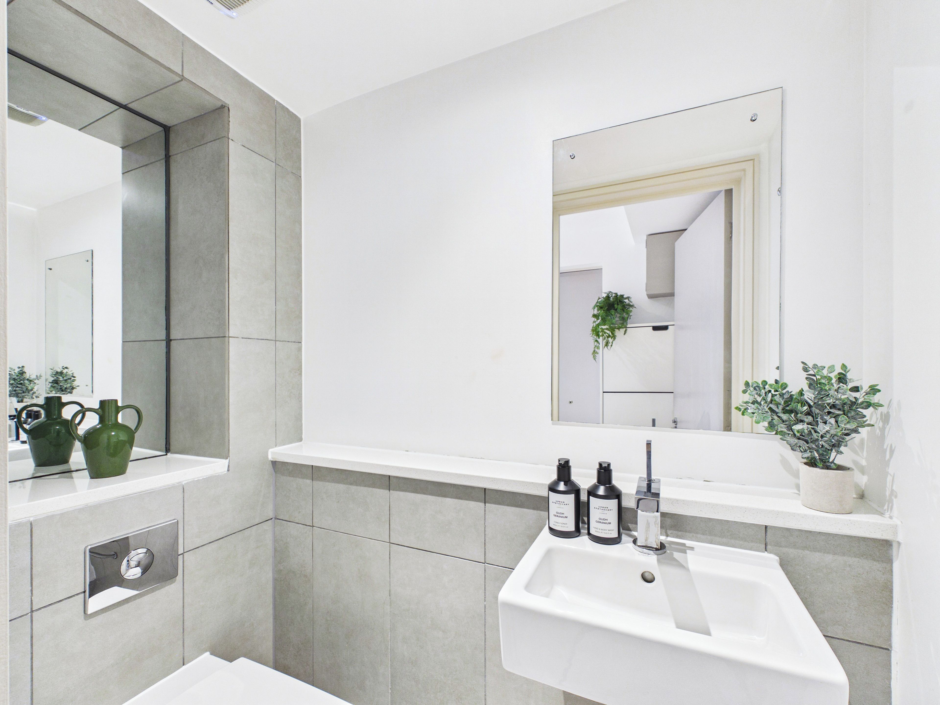 Un baño moderno con un lavamanos blanco, dos botellas de champú y una planta verde en la encimera.