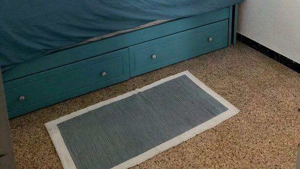 A bedroom with a bed, a window with blinds, a wall-mounted picture frame, and a small rug.