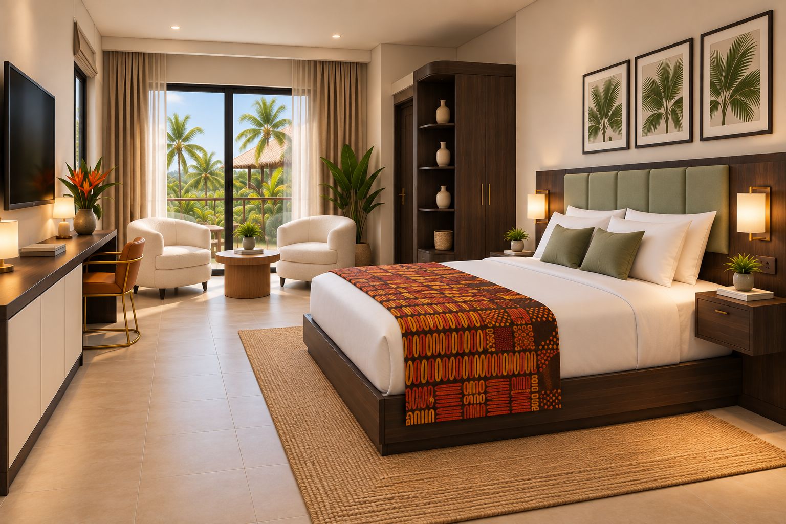 Habitación de hotel con cama, dos sillones, escritorio, televisor y vista a palmeras.