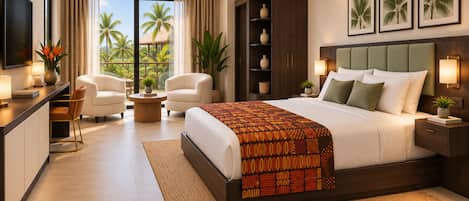 A hotel room with a bed, two armchairs, a desk, a television, and a view of palm trees.