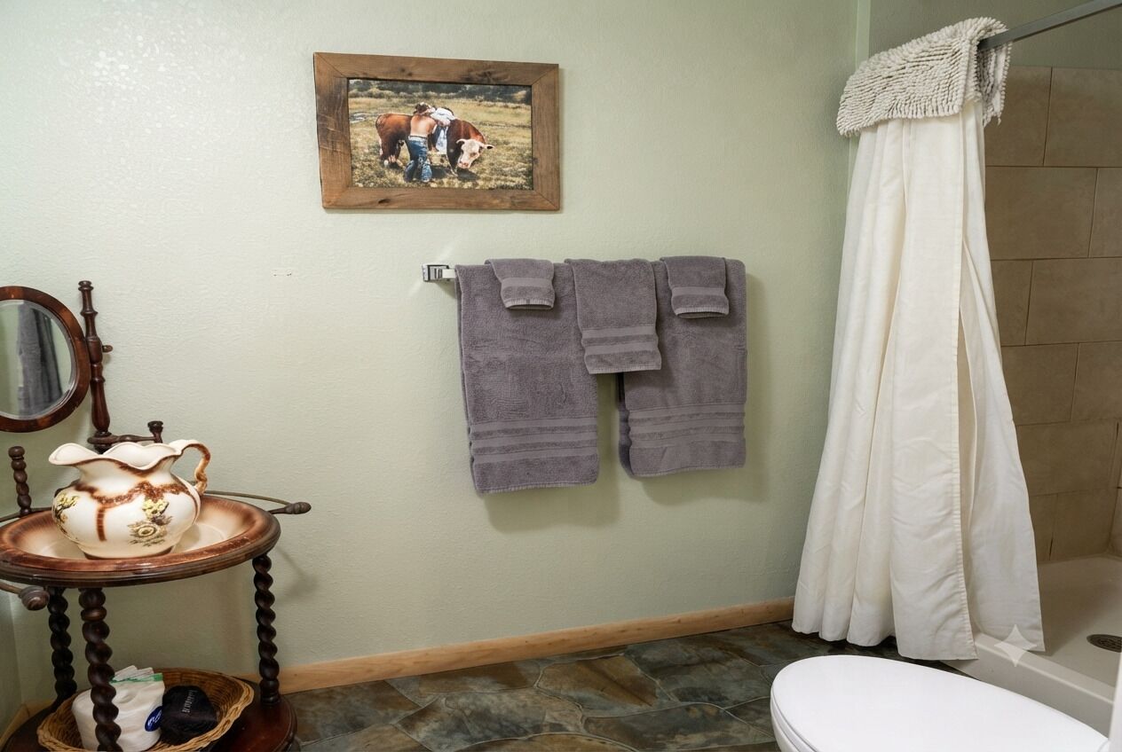 Shower, towels, soap, shampoo