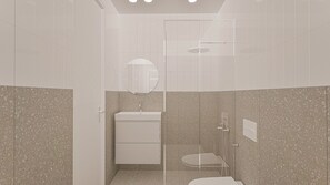 Buồng tắm vòi sen, máy sấy tóc, khăn tắm, xà phòng