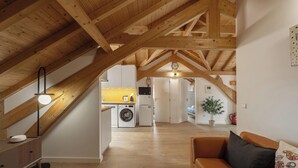 Habitación estilo loft con vigas de madera a la vista, lavadora, microondas y sofá.