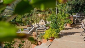 Un jardin avec un banc en pierre, des plantes en pot et un espace barbecue.