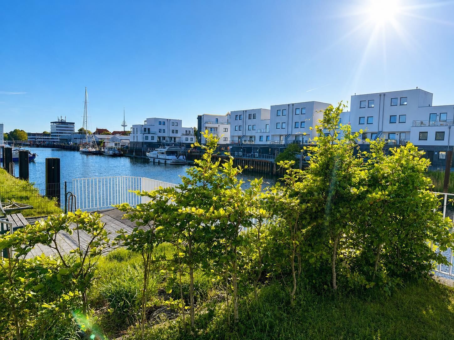 Una marina con edificios modernos, un muelle y abundante vegetación.