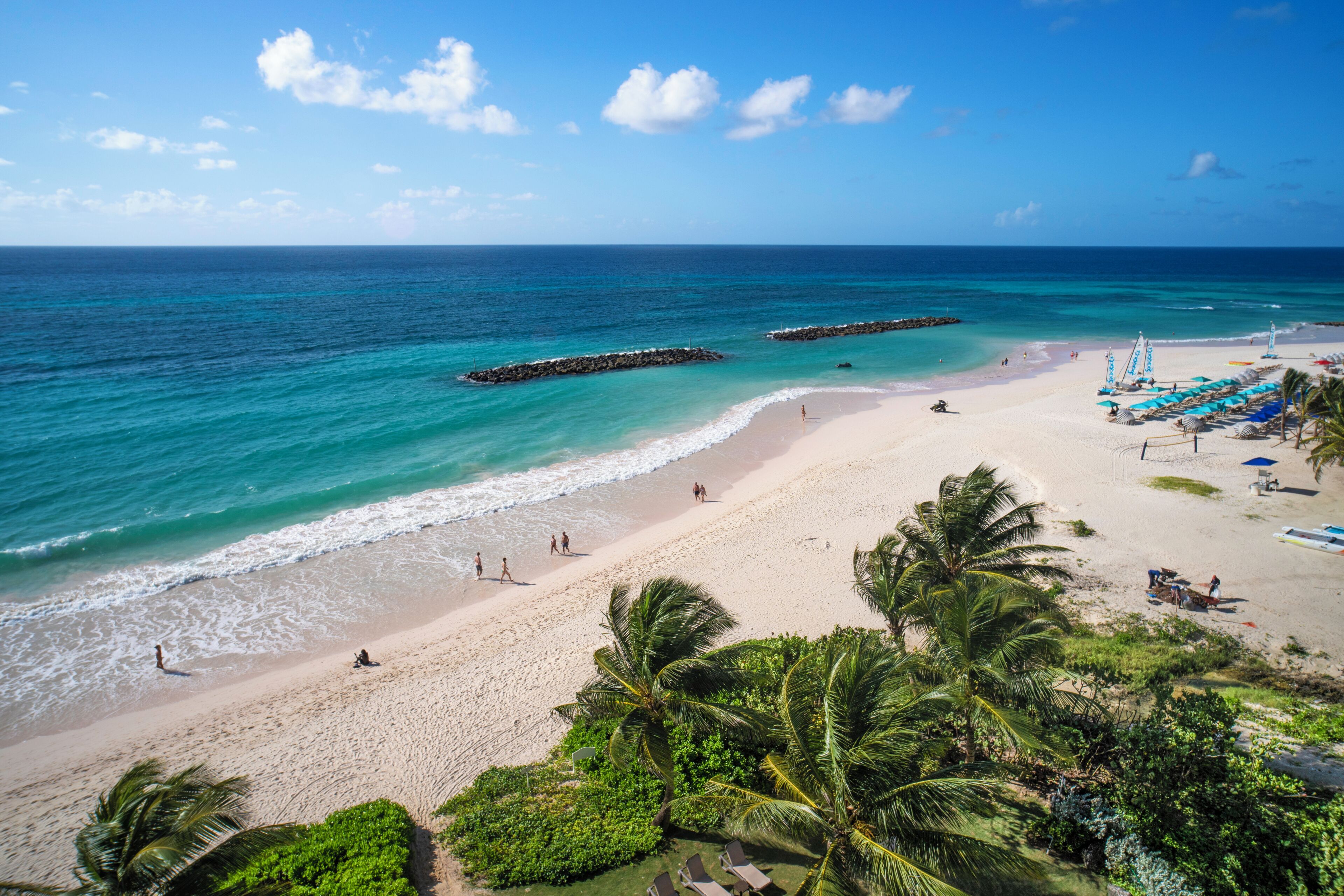 A beach with clear turquoise waters, a sandy shore, and palm trees.