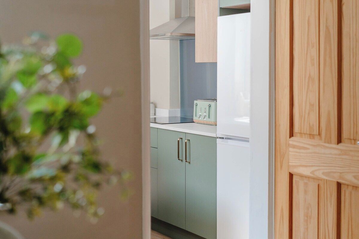 A kitchen with a white refrigerator, a green cabinet, and a wooden door.
