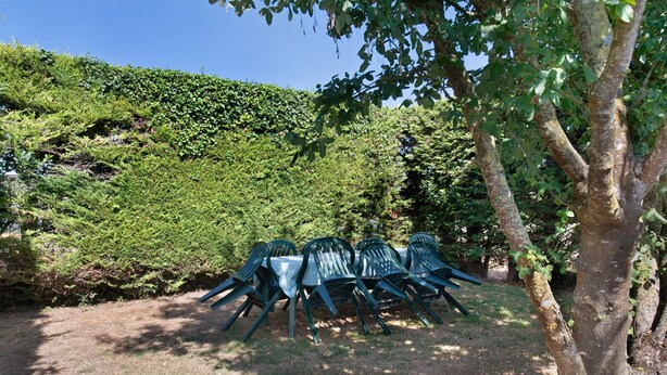 Un jardin avec une table et des chaises, entouré de verdure et d’un arbre.