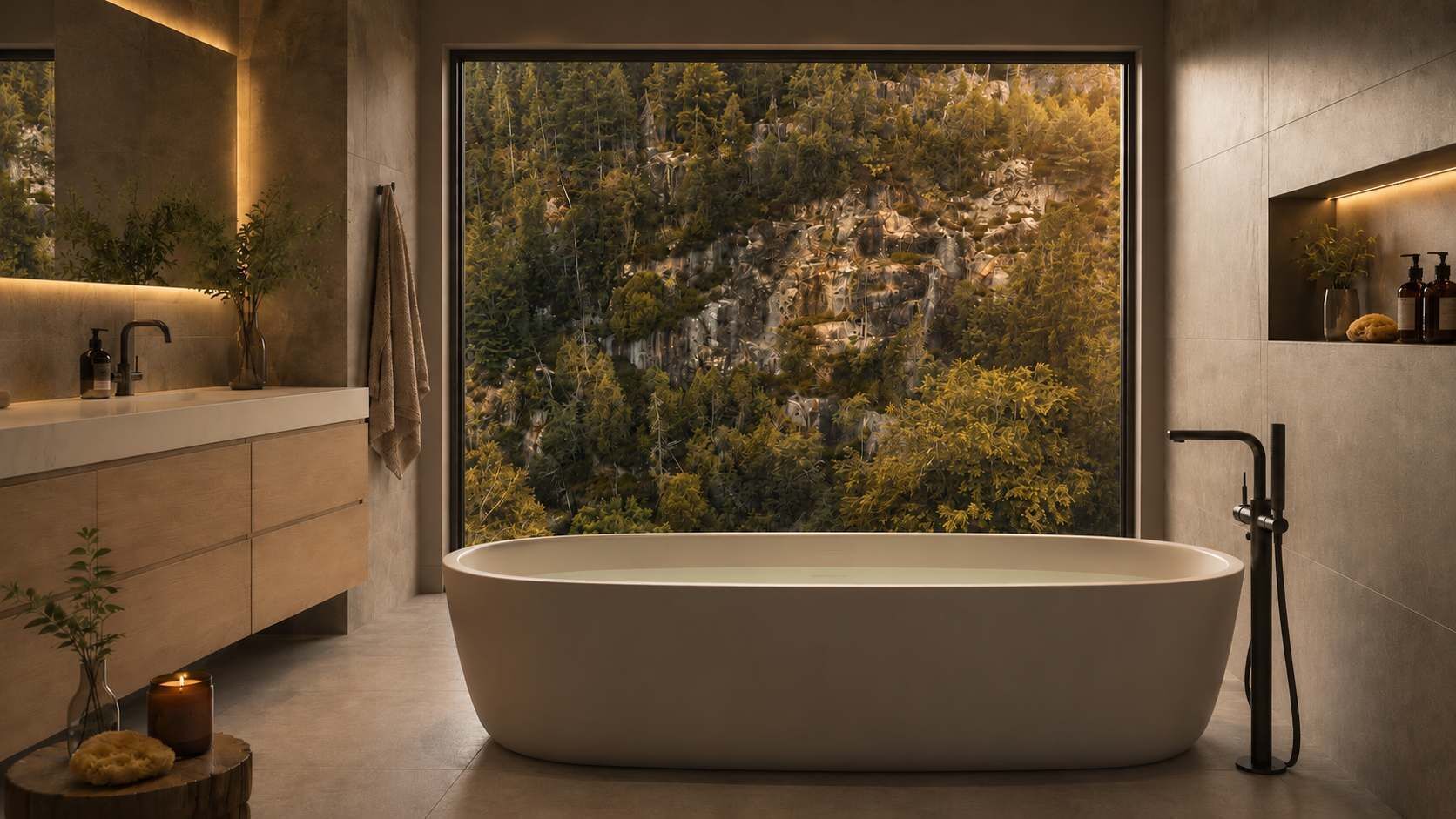 A modern bathroom with a freestanding bathtub, a large window with a mountain view, and a minimalist design.
