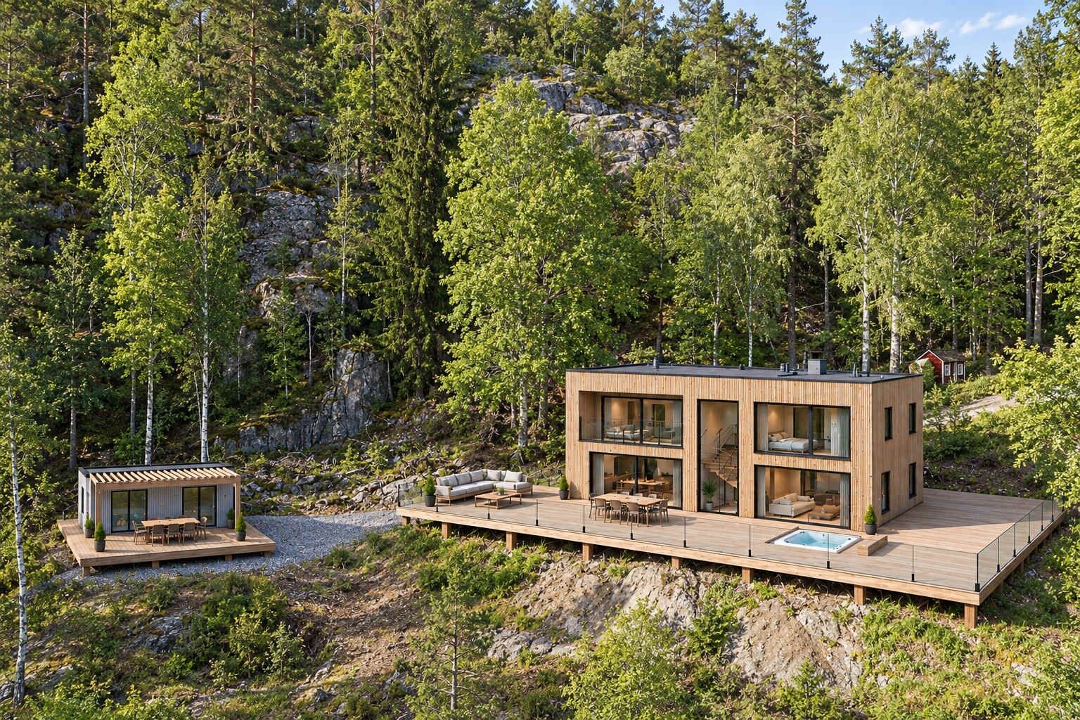 The Cliff - main house, guest house and terraces. Planned finished appearance; opening 1 May 2027.