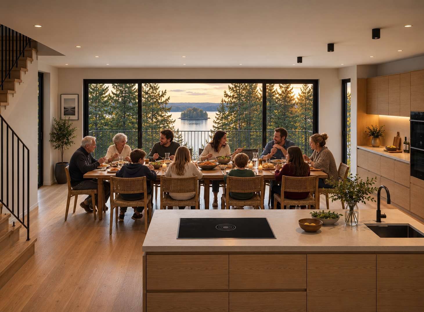 A modern kitchen with a large island, dining table, and a view of a lake.
