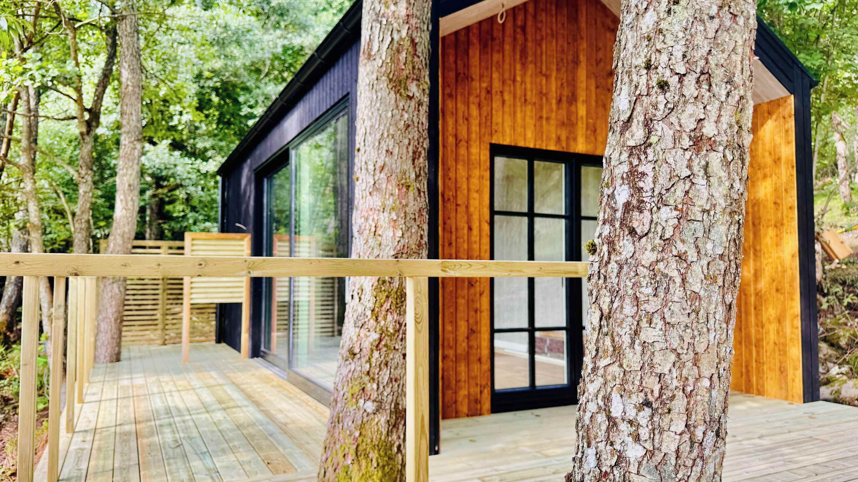 Una cabana de fusta moderna amb grans finestres, envoltada d'arbres.