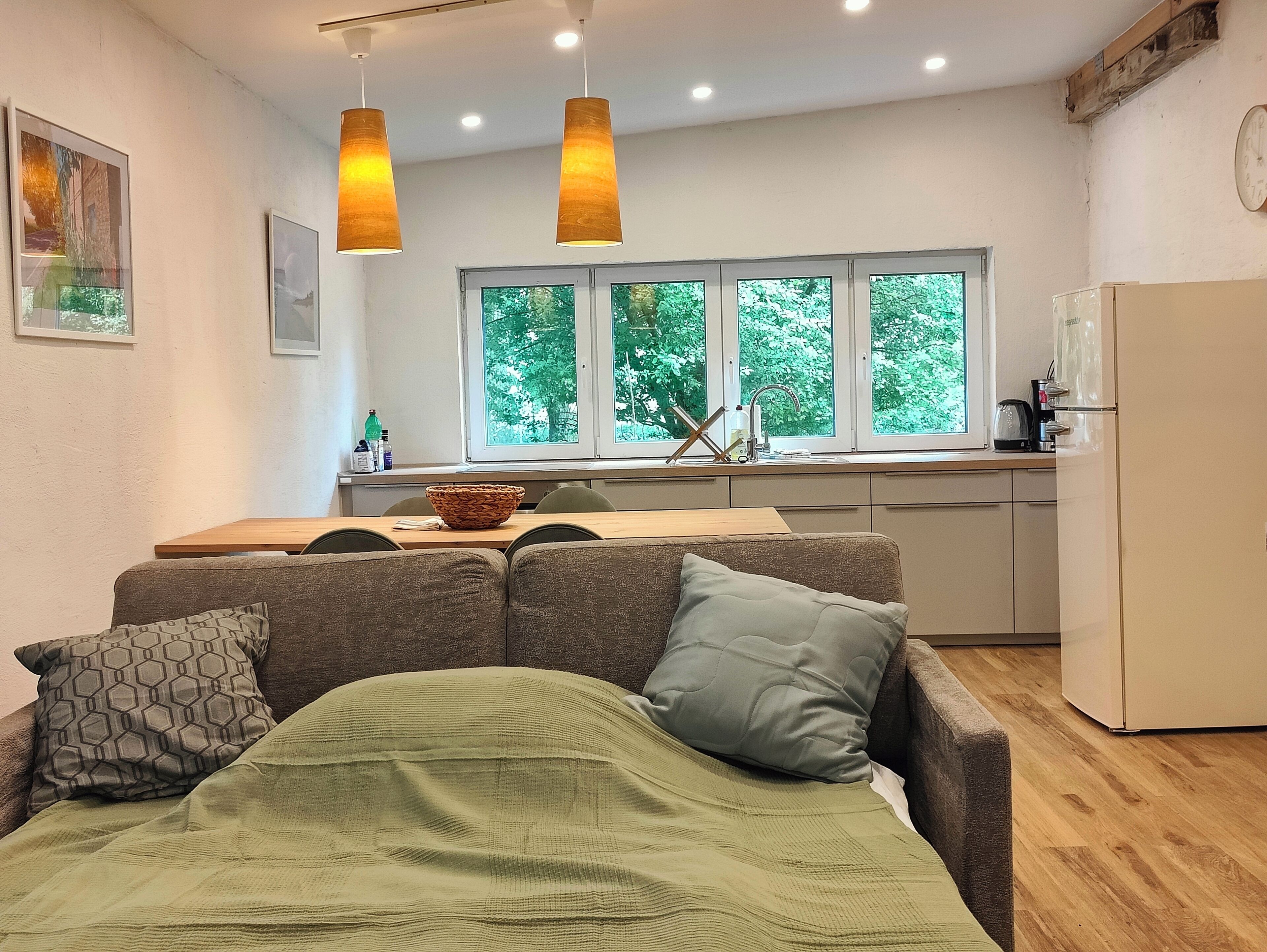 A cozy living area with a sofa, a dining table, and a kitchen in the background.