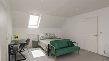 Une chambre à coucher avec un lit, un bureau, une chaise, un canapé vert, une lucarne et une porte blanche.