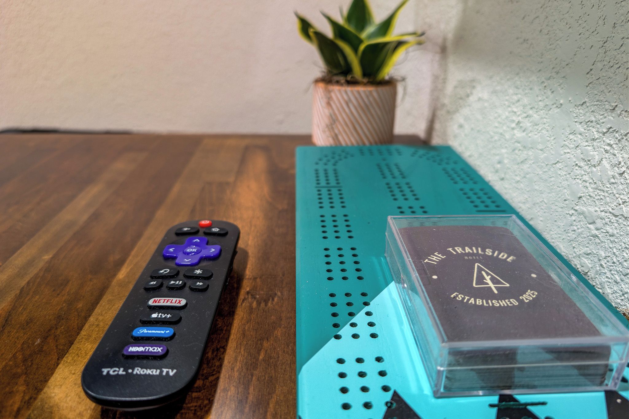 A remote control, a clear plastic tray with a logo, and a potted plant on a wooden table.
