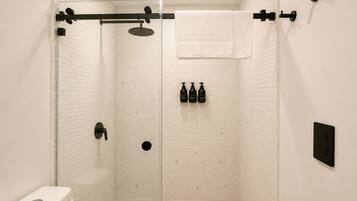 Hair dryer, towels, soap, toilet paper